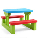Green-base picnic table and red benches with the umbrella removed