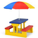 Blue tabletop, red benches and yellow base with multicolour umbrella