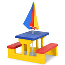 Yellow-base picnic table with the multicolour umbrella closed