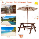 Wooden picnic table and umbrella in different settings