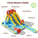 Twin long slides, climbing wall, basketball hoop, water cannon and splash pool