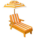 Kids wooden chaise lounge with yellow and white striped cushion and removable umbrella