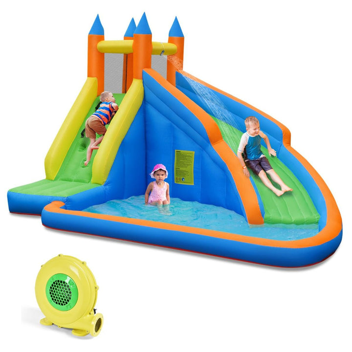 Castle-style inflatable water slide with climbing wall, splash pool and included blower