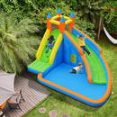 Side view of the climbing wall, slide and pool