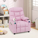 Pink kids PU recliner with cup holders in a reading corner