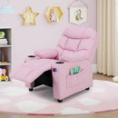 Pink kids recliner with extended footrest and side storage pocket