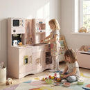 Pink Wooden Play Kitchen with Coffee Maker and Toy Clocks, Pink, view 1