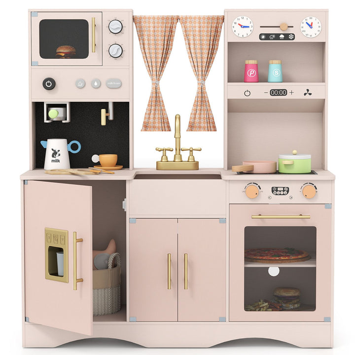 Pink Wooden Play Kitchen with Coffee Maker and Toy Clocks, Pink, view 3
