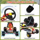 Red Pedal Go Kart with Adjustable Seat and Handbrake – steering range pedals and frame details
