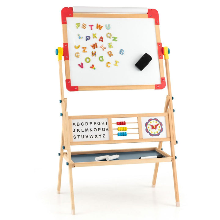 Rotating Wooden Art Easel with Abacus and Paper Roll – complete wooden easel