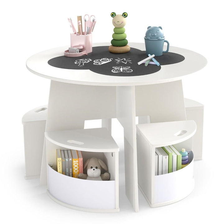 Round Kids Blackboard Table and Four Storage Stools – White product view 2