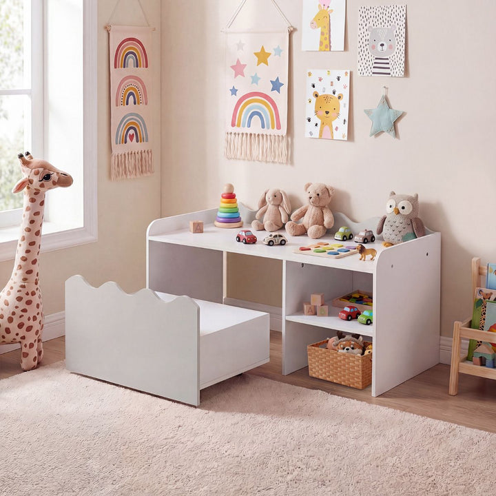 Scalloped Kids Storage Shelf with Rolling Toy Box – Grey product view 1