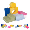 Seven-Piece Flannel Foam Climbing Block Set – seven foam shapes and example layouts