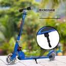 Blue kick scooter with kickstand detail