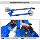 Blue scooter folding frame and quick-release latch detail