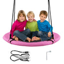 Pink saucer swing shown with children and rope assembly components