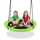 Green saucer swing shown with two seated children