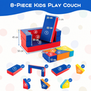 Multicolour eight-piece PU play sofa: stacked size and individual foam shapes