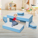Blue and white eight-piece PU foam play sofa table and seat arrangement