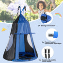 Blue saucer swing tent showing padded frame and rope connections