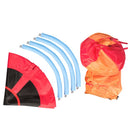 Orange swing tent fabric and sectional frame packed apart