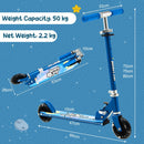 Blue scooter dimension diagram showing three handlebar heights, folded form and 50 kg limit