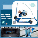 Blue scooter folding mechanism, folded form and examples of carrying and boot storage