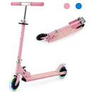 Pink two-wheel kick scooter shown upright and folded with light-up wheels