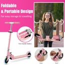 Pink scooter shown folded for carrying, with close-ups of its folding latch and handle holders
