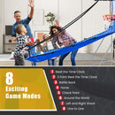 Family playing the White and Blue basketball arcade; eight supported game modes listed