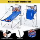 White and Blue basketball arcade shown assembled and folded, with dimension and assembly details