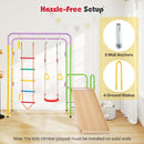 Unoccupied metal jungle gym with plywood slide and required solid-wall anchor details