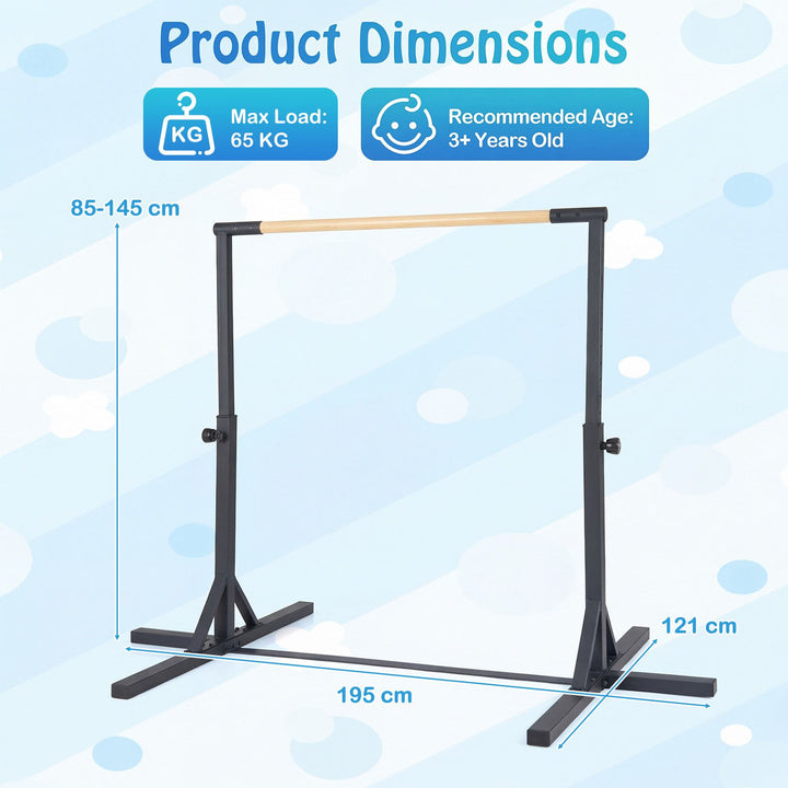 Black horizontal gymnastics bar dimensions, 65 kg maximum load and age 3+