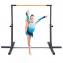 Black height-adjustable gymnastics bar shown beside a standing gymnast