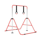 Red folding gymnastics bar with adjustable hanging rings