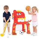 Children playing basketball and mini golf with the red dinosaur activity centre