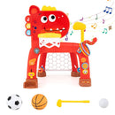 Red dinosaur sports activity centre with hoop, goal, rings, golf club and play balls