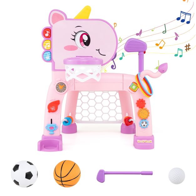 Pink unicorn sports activity centre with hoop, goal, rings, golf club and play balls