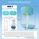 Dimensions and included components of the convertible poolside basketball and volleyball set