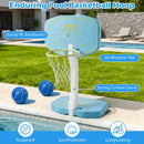 Blue and white poolside basketball hoop with yellow rim