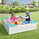 Square Sandpit with Four Corner Seats and Cover – white sandpit in an outdoor play setting