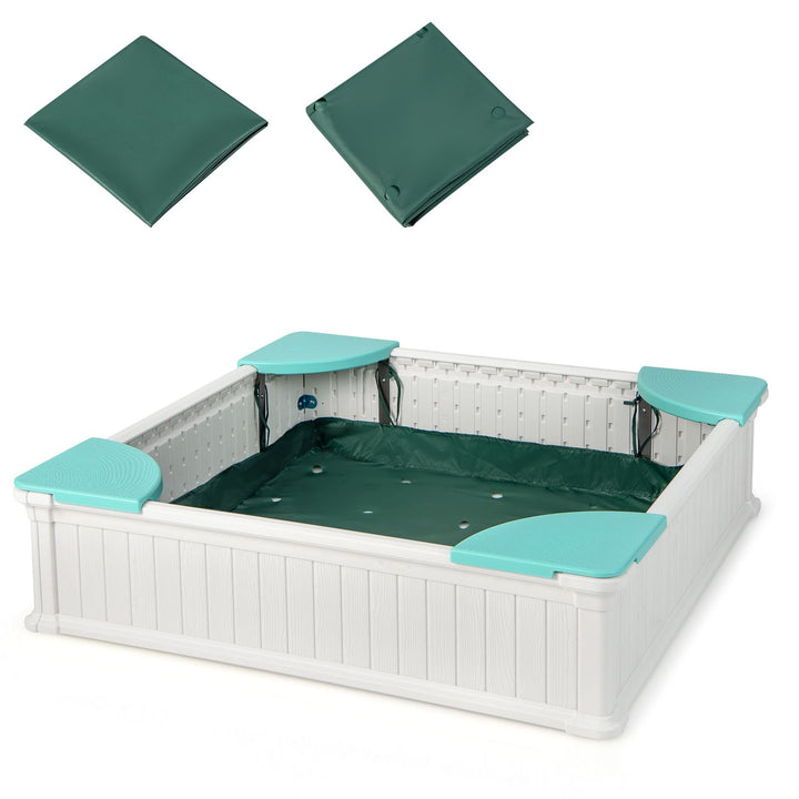 Square Sandpit with Four Corner Seats and Cover – white sandpit with four seats and covers