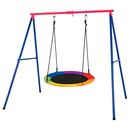 Blue and Red steel A-frame stand with rainbow saucer swing