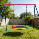 Unoccupied rainbow swing and steel stand in an outdoor setting