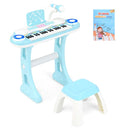 Blue 37-key kids keyboard with music stand, stool, microphone and music score