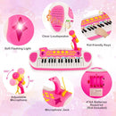 Pink keyboard feature views showing microphone, flashing light and four-AA battery compartment