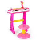 Pink 31-key keyboard with matching round stool and microphone