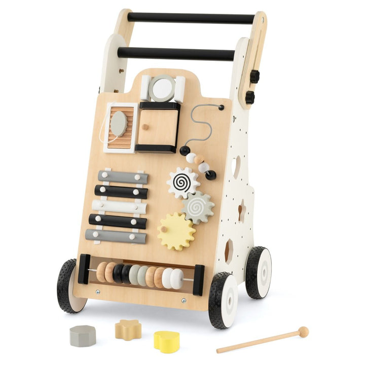 Natural wooden activity push toy with double handles, blocks and mallet