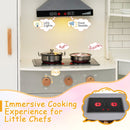 White play kitchen range hood, light-up hobs and clicking controls