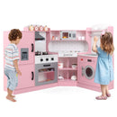 Pink corner play kitchen showing cupboards, shelves and sink